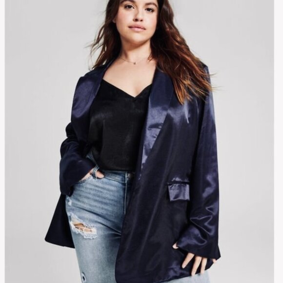 NEW! "And Now This" Trendy Satin Jacket Plus OX‎ Midnight Blue one button $69 - Picture 1 of 12